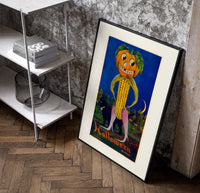 Anthropomorphic pumpkin-headed corn figure poster in a black frame leaning beside a shelf in a raw-plaster loft