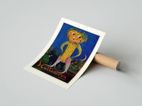 Rolled Anthropomorphic pumpkin-headed corn figure poster beside its crush-resistant kraft shipping tube