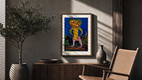 Anthropomorphic pumpkin-headed corn figure poster framed above a fluted sideboard beside an olive tree