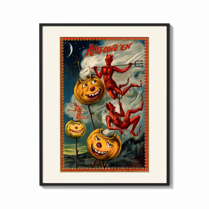 Framed Grinning jack-o-lantern pumpkins with red devils print shown as a bold statement piece on a clean gallery wall