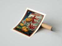 Rolled Grinning jack-o-lantern pumpkins with red devils poster beside its crush-resistant kraft shipping tube