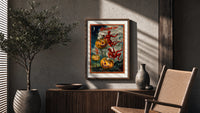 Grinning jack-o-lantern pumpkins with red devils poster framed above a fluted sideboard beside an olive tree