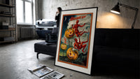 Grinning jack-o-lantern pumpkins with red devils print in a slim black frame leaning on a dark sofa in a concrete print…