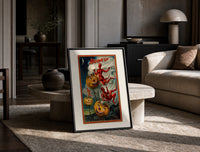 Grinning jack-o-lantern pumpkins with red devils print in a black frame leaning on a travertine table in a sunlit lounge