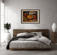 Devils tormenting grinning jack-o'-lantern print in a dark wood frame above a rattan bed on a plaster wall