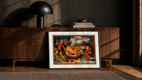 Devils tormenting grinning jack-o'-lantern print in a black frame leaning against a walnut console in lamplight