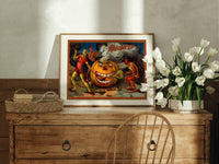 Devils tormenting grinning jack-o'-lantern print in an oak frame on a farmhouse dresser beside white tulips