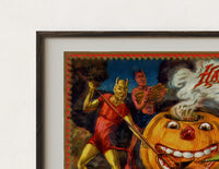 Close-up of the Devils tormenting grinning jack-o'-lantern print's dark wood frame corner and archival matte paper