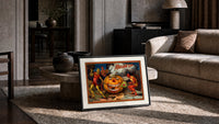 Devils tormenting grinning jack-o'-lantern print in a slim black frame leaning on a travertine coffee table