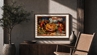 Devils tormenting grinning jack-o'-lantern print in a wood frame above a fluted sideboard beside an olive tree