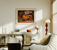 Devils tormenting grinning jack-o'-lantern print in an oak frame above a mid-century book console with a vintage radio