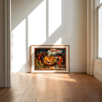 Devils tormenting grinning jack-o'-lantern print in an oak frame on a sunlit wood floor beneath tall window light
