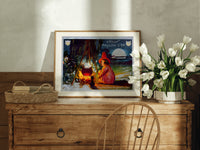 Witch girl sitting by cauldron fire print in an oak frame on a farmhouse dresser beside white tulips