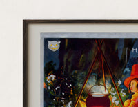 Close-up of the Witch girl sitting by cauldron fire print's dark wood frame corner and archival matte paper