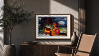 Witch girl sitting by cauldron fire print in a wood frame above a fluted sideboard beside an olive tree