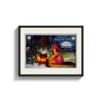 Framed Witch girl sitting by cauldron fire print shown as a wide statement piece on a clean white wall