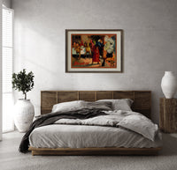 Witch and devils at Halloween feast print in a dark wood frame above a rattan bed on a plaster wall