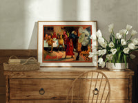 Witch and devils at Halloween feast print in an oak frame on a farmhouse dresser beside white tulips