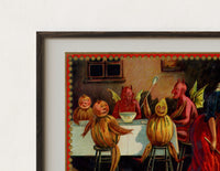 Close-up of the Witch and devils at Halloween feast print's dark wood frame corner and archival matte paper