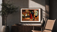 Witch and devils at Halloween feast print in a wood frame above a fluted sideboard beside an olive tree