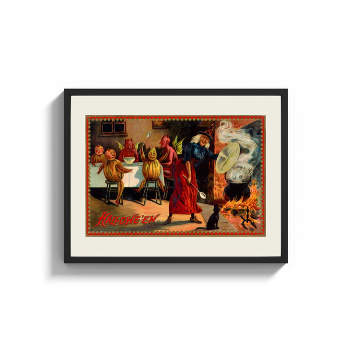 Framed Witch and devils at Halloween feast print shown as a wide statement piece on a clean white wall
