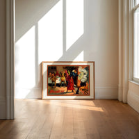 Witch and devils at Halloween feast print in an oak frame on a sunlit wood floor beneath tall window light