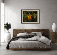 Two children carrying jack-o-lantern pumpkin print in a dark wood frame above a rattan bed on a plaster wall