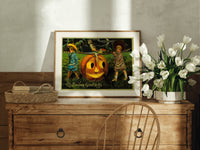 Two children carrying jack-o-lantern pumpkin print in an oak frame on a farmhouse dresser beside white tulips