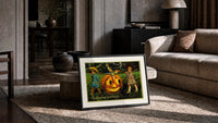 Two children carrying jack-o-lantern pumpkin print in a slim black frame leaning on a travertine coffee table