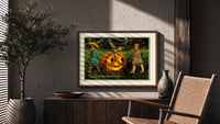 Two children carrying jack-o-lantern pumpkin print in a wood frame above a fluted sideboard beside an olive tree
