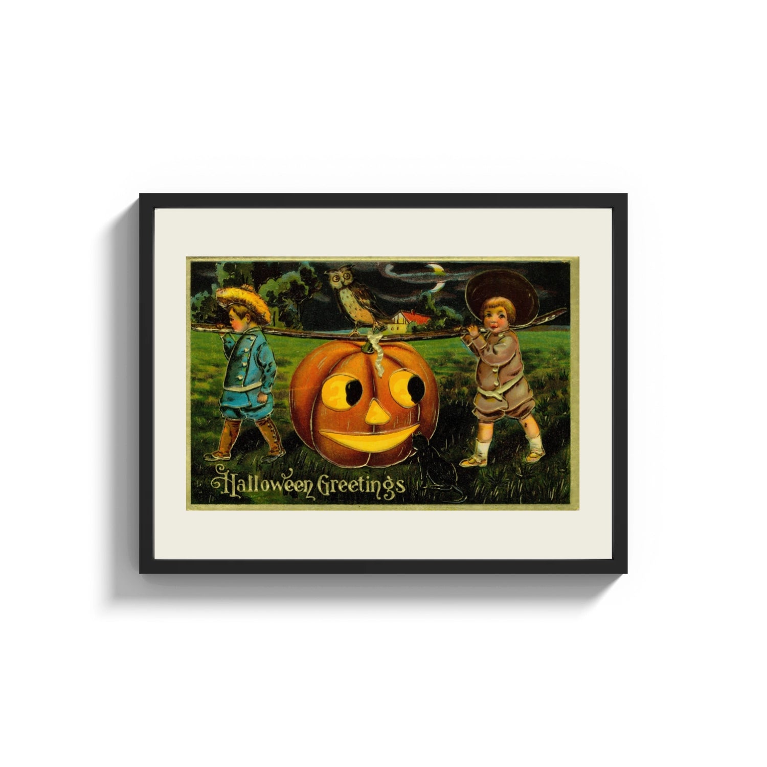 Framed Two children carrying jack-o-lantern pumpkin print shown as a wide statement piece on a clean white wall