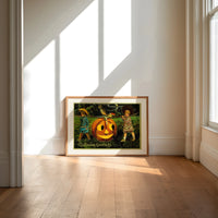 Two children carrying jack-o-lantern pumpkin print in an oak frame on a sunlit wood floor beneath tall window light
