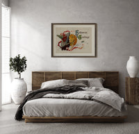 Witch kissing a jack-o-lantern pumpkin print in a dark wood frame above a rattan bed on a plaster wall