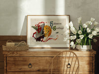 Witch kissing a jack-o-lantern pumpkin print in an oak frame on a farmhouse dresser beside white tulips