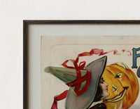 Close-up of the Witch kissing a jack-o-lantern pumpkin print's dark wood frame corner and archival matte paper