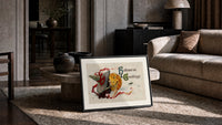 Witch kissing a jack-o-lantern pumpkin print in a slim black frame leaning on a travertine coffee table