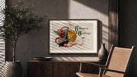 Witch kissing a jack-o-lantern pumpkin print in a wood frame above a fluted sideboard beside an olive tree