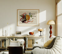Witch kissing a jack-o-lantern pumpkin print in an oak frame above a mid-century book console with a vintage radio