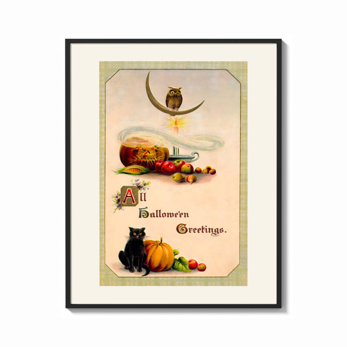 Framed Vintage Halloween owl cat pumpkin print shown as a bold statement piece on a clean gallery wall