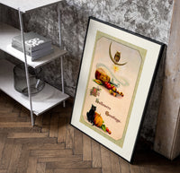Vintage Halloween owl cat pumpkin poster in a black frame leaning beside a shelf in a raw-plaster loft