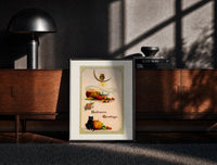 Black-framed Vintage Halloween owl cat pumpkin print on a moody console with designer coffee-table books