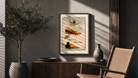 Vintage Halloween owl cat pumpkin poster framed above a fluted sideboard beside an olive tree