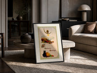 Vintage Halloween owl cat pumpkin print in a black frame leaning on a travertine table in a sunlit lounge