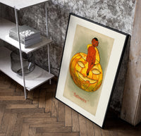 Red devil sitting on jack-o-lantern poster in a black frame leaning beside a shelf in a raw-plaster loft