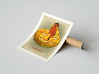 Rolled Red devil sitting on jack-o-lantern poster beside its crush-resistant kraft shipping tube