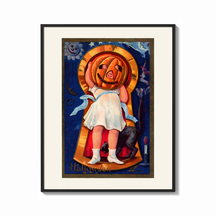 Framed Girl with jack-o'-lantern pumpkin head print shown as a bold statement piece on a clean gallery wall