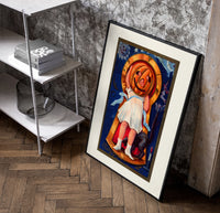Girl with jack-o'-lantern pumpkin head poster in a black frame leaning beside a shelf in a raw-plaster loft