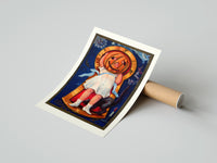 Rolled Girl with jack-o'-lantern pumpkin head poster beside its crush-resistant kraft shipping tube