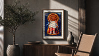 Girl with jack-o'-lantern pumpkin head poster framed above a fluted sideboard beside an olive tree