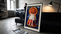 Girl with jack-o'-lantern pumpkin head print in a slim black frame leaning on a dark sofa in a concrete print studio